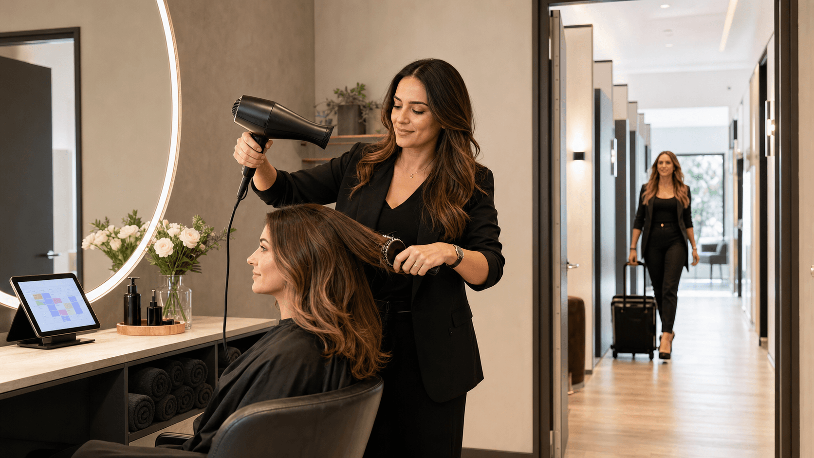 Modern private salon suite with styling chair, mirror, warm pendant lights, and neutral decor in soft daylight