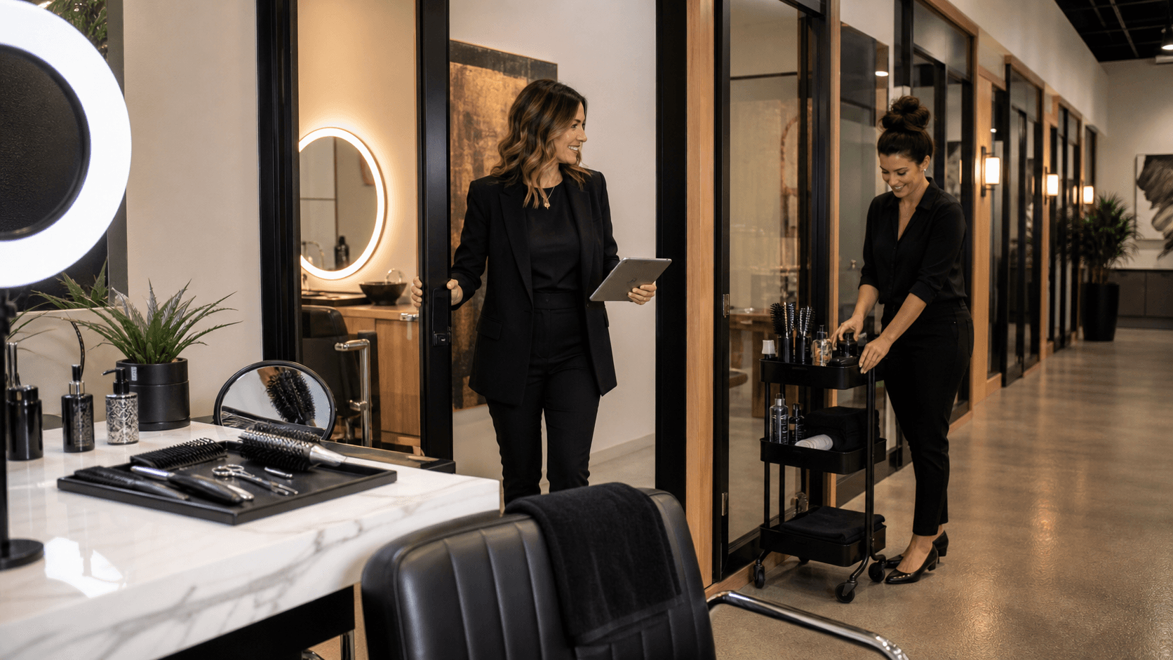 Modern salon suite interior with styling chair and mirror, warm lighting, neutral walls, and wood accents