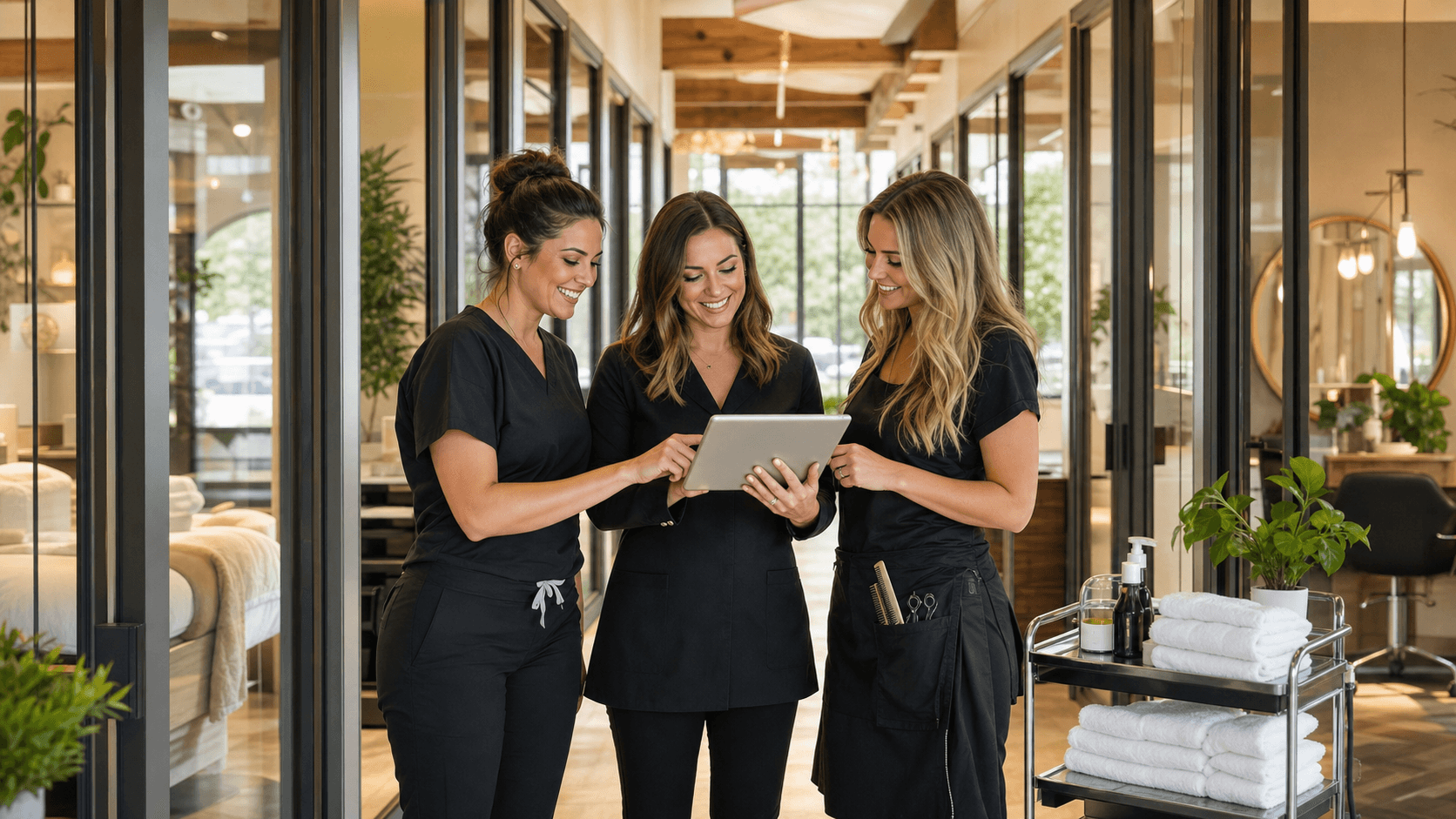 Modern wellness office suite with massage table, plants, neutral tones, and soft daylight through large windows
