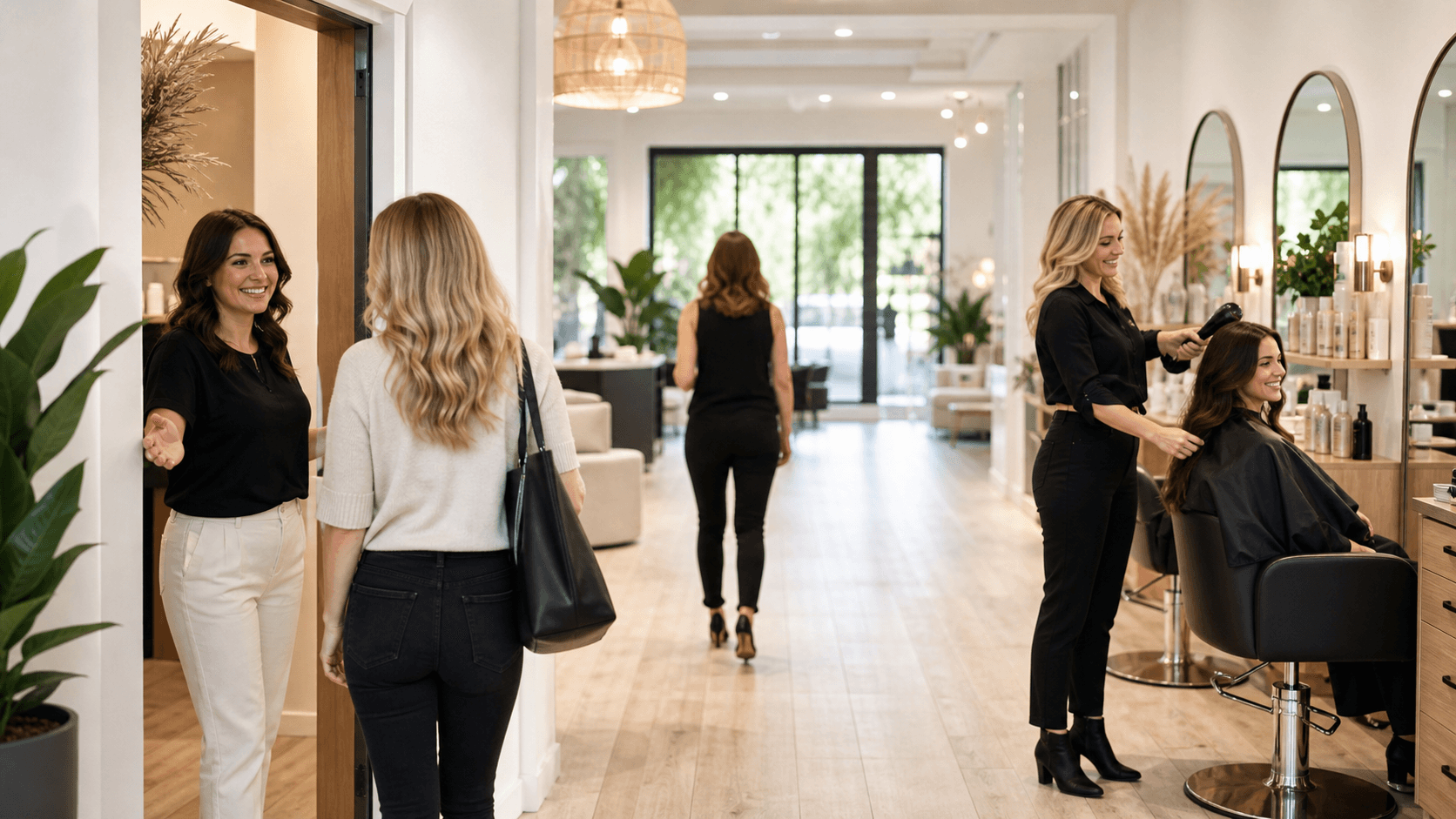 Sunlit modern salon studio with styling chairs, mirrors, plants, and a bright open walkway.