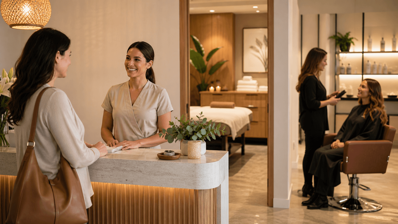 Sunlit modern wellness suite with a massage table, neutral decor, and soft green accents.
