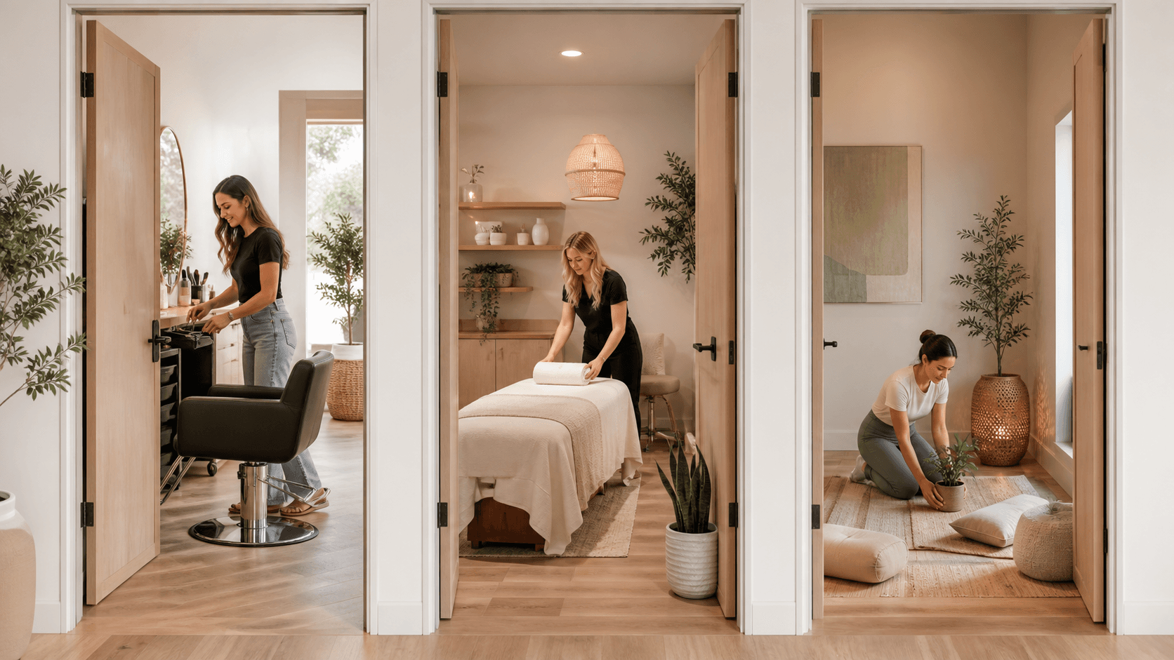 Three modern treatment spaces with neutral decor, salon chairs, massage table, and soft natural lighting.